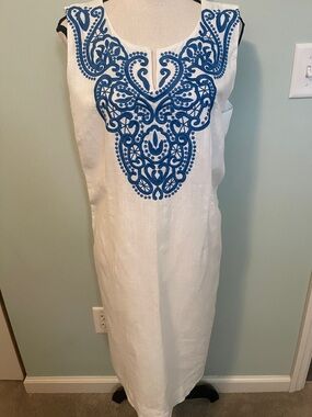 Talbots White Linen Blend Dress with Blue Trim Sz 16